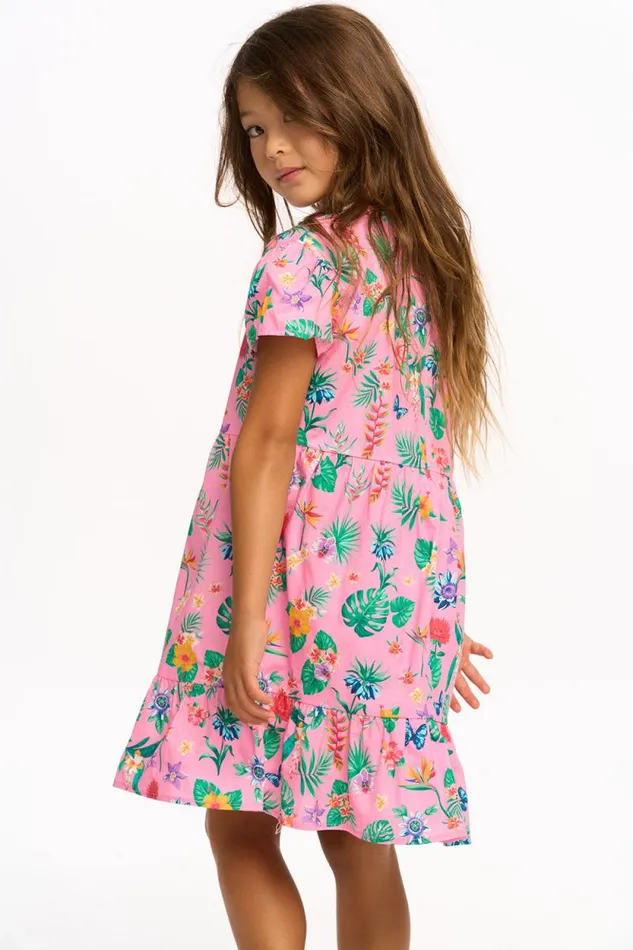 Kids Chaser Brand Girls Niki Tropical Floral Short Sleeve Dress 8211 Pink Lemonade