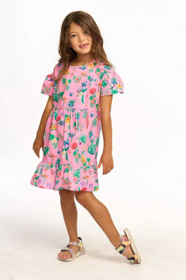 Kids Chaser Brand Girls Niki Tropical Floral Short Sleeve Dress 8211 Pink Lemonade