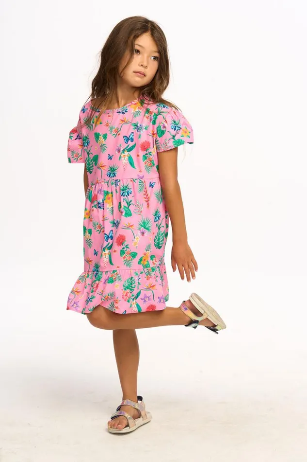 Kids Chaser Brand Girls Niki Tropical Floral Short Sleeve Dress 8211 Pink Lemonade