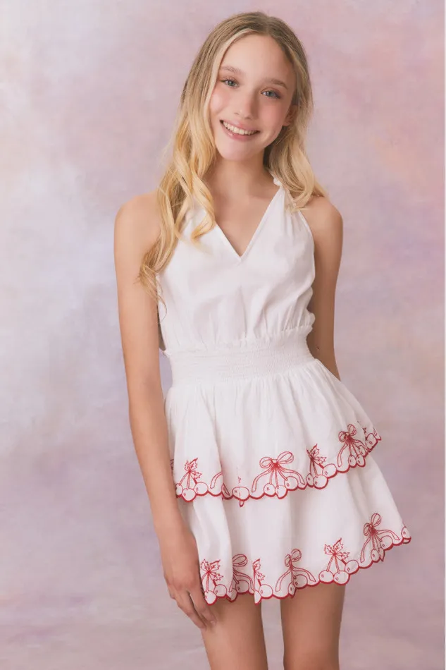 Kids LoveShackFancy Girls Girls Romille Cherry Embroidered Cotton Dress Candy Red