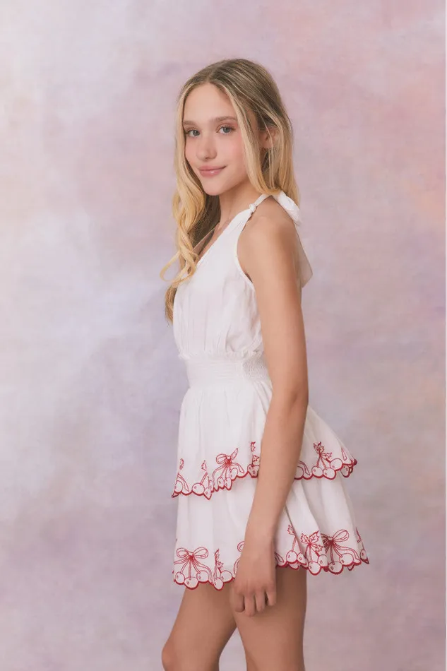 Kids LoveShackFancy Girls Girls Romille Cherry Embroidered Cotton Dress Candy Red
