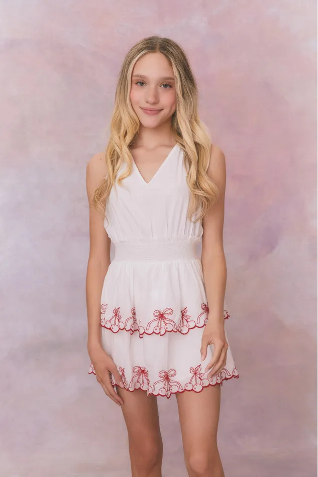 Kids LoveShackFancy Girls Girls Romille Cherry Embroidered Cotton Dress Candy Red