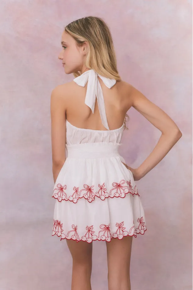 Kids LoveShackFancy Girls Girls Romille Cherry Embroidered Cotton Dress Candy Red