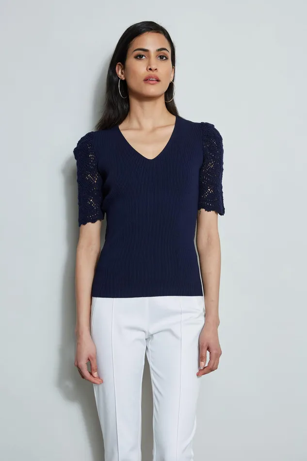 Knits and Sweaters Women Elie Tahari Crochet Sleeve VNeck Sweater PEACOAT