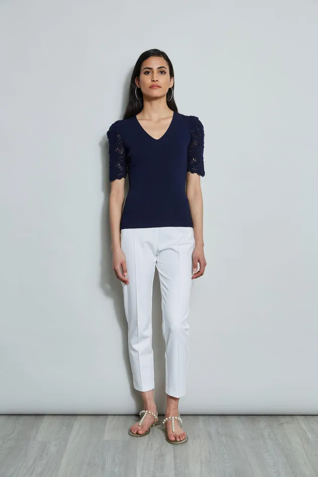 Knits and Sweaters Women Elie Tahari Crochet Sleeve VNeck Sweater PEACOAT