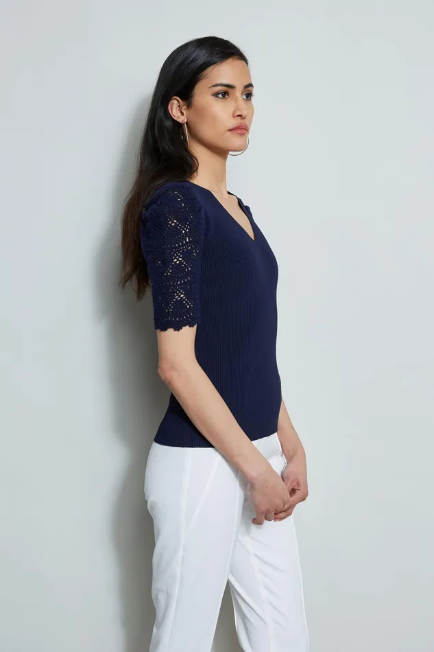 Knits and Sweaters Women Elie Tahari Crochet Sleeve VNeck Sweater PEACOAT