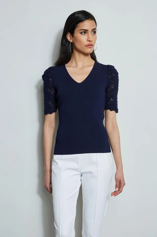 Knits and Sweaters Women Elie Tahari Crochet Sleeve VNeck Sweater PEACOAT