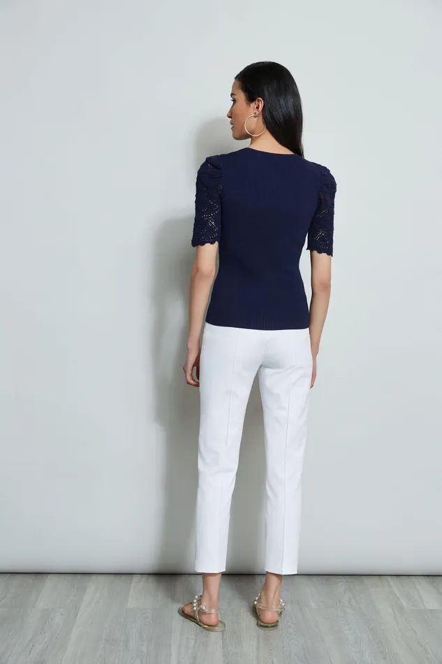 Knits and Sweaters Women Elie Tahari Crochet Sleeve VNeck Sweater PEACOAT