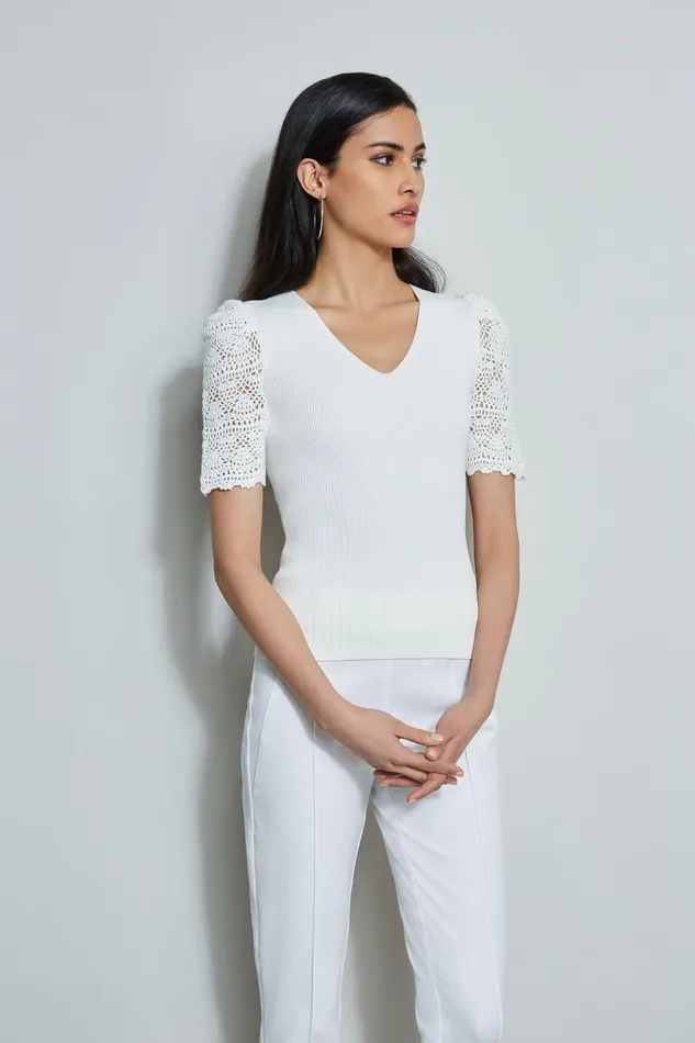 Knits and Sweaters Women Elie Tahari Crochet Sleeve VNeck Sweater Sky White