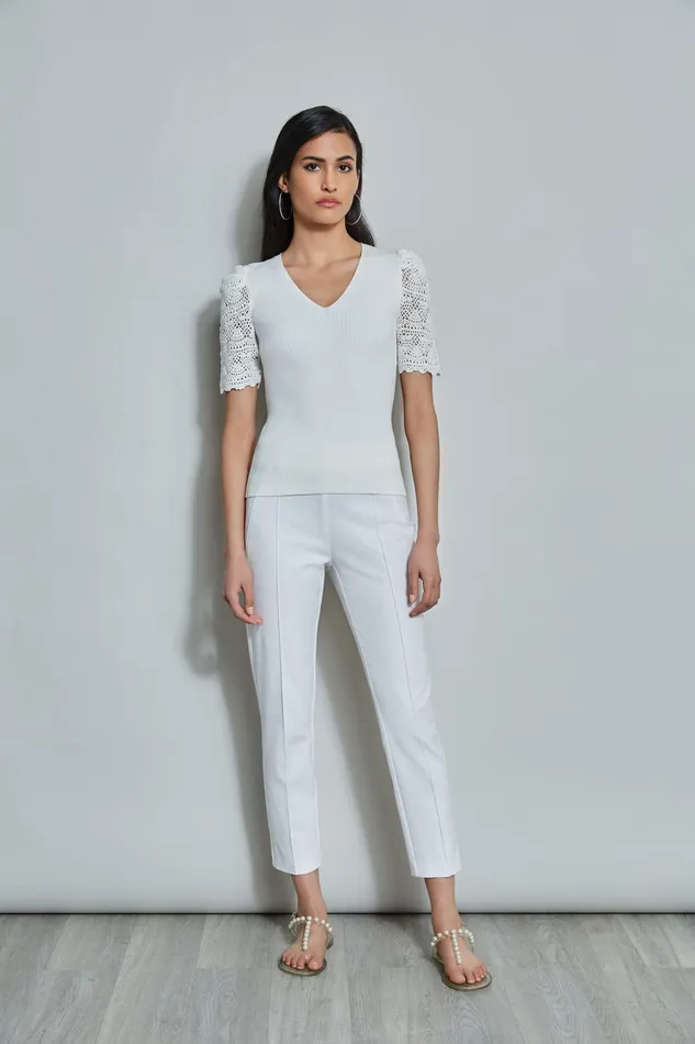 Knits and Sweaters Women Elie Tahari Crochet Sleeve VNeck Sweater Sky White