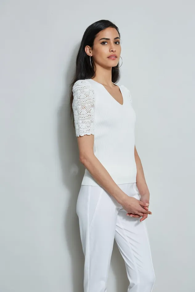Knits and Sweaters Women Elie Tahari Crochet Sleeve VNeck Sweater Sky White