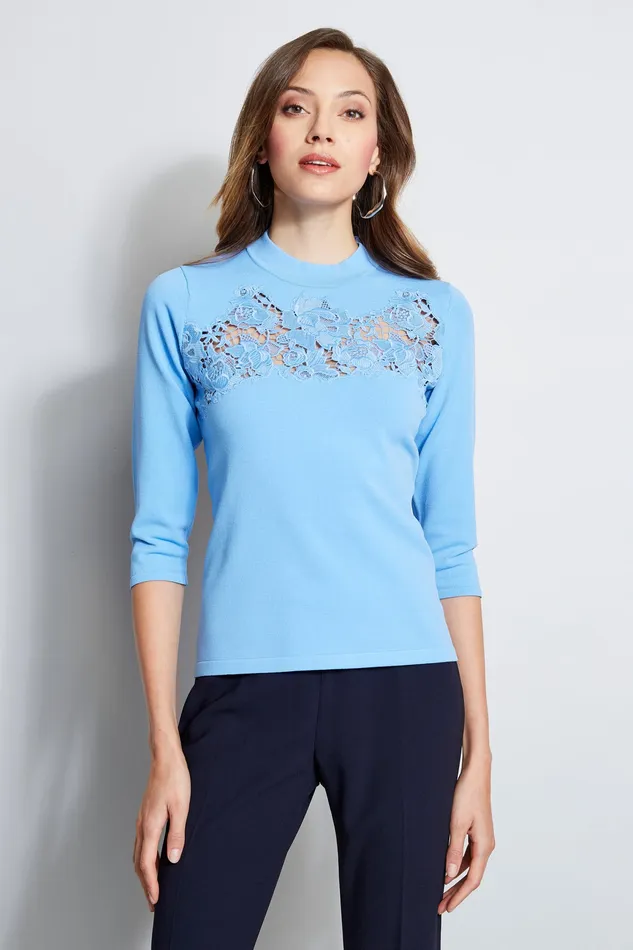 Knits and Sweaters Women Elie Tahari Lace Applique Mock Sweater CLOUD BLUE