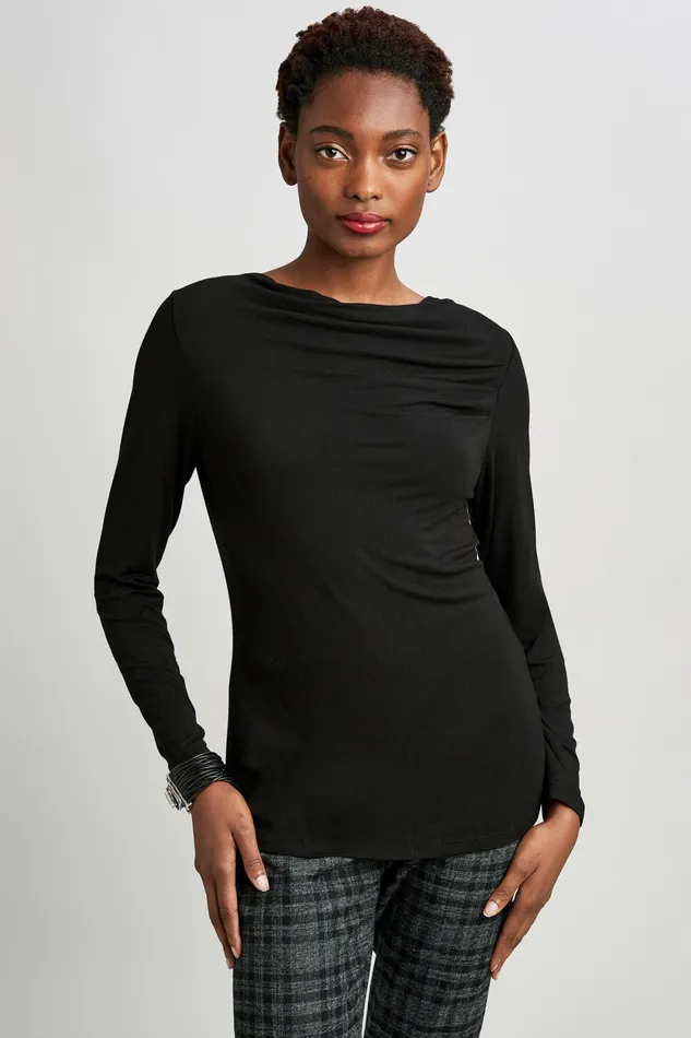 Knits and Sweaters Women Elie Tahari Wide Boat Neck Long Sleeve Pleated Top Noir