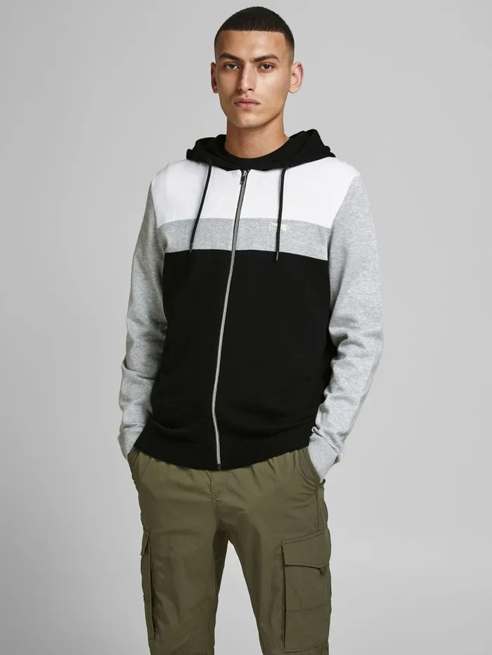 Knitwear JACK and JONES Mens COLOUR BLOCK ZIP HOODIE Black Black Gift for Friend Knitwear JACK and JONES Mens COLOUR BLOCK ZIP HOODIE Black Black Gift for Friend