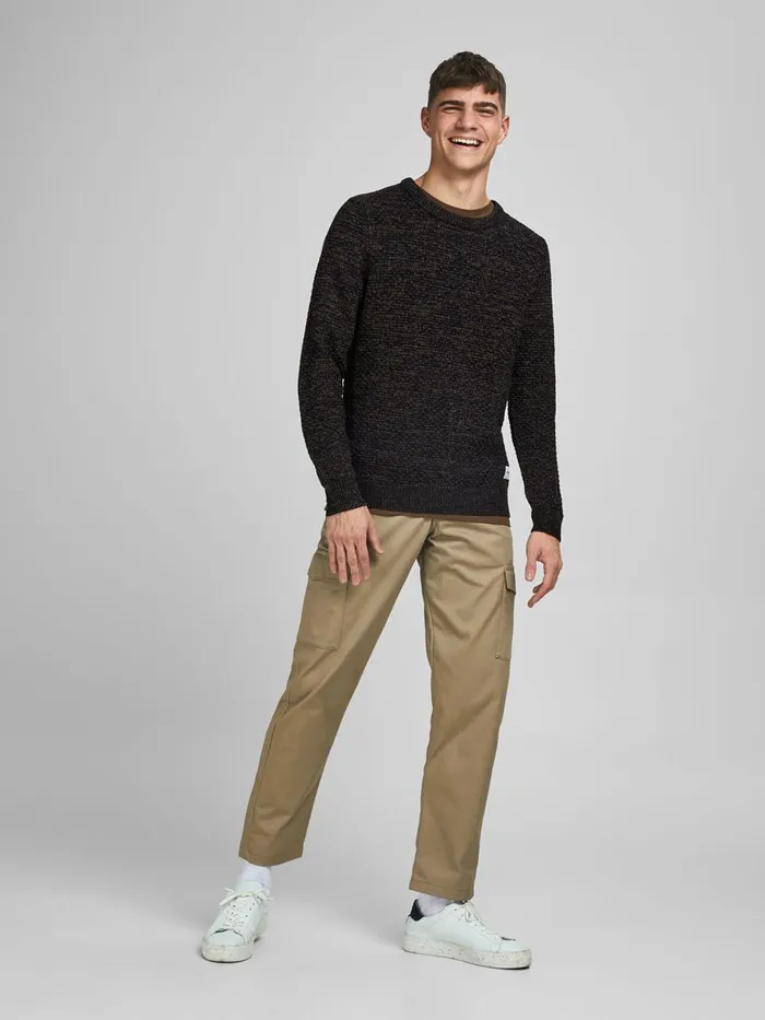 Knitwear JACK and JONES Mens CREW NECK TEXTURED KNITTED PULLOVER Black Kangaroo Casaul
