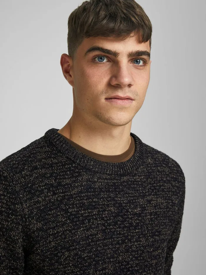 Knitwear JACK and JONES Mens CREW NECK TEXTURED KNITTED PULLOVER Black Kangaroo Casaul
