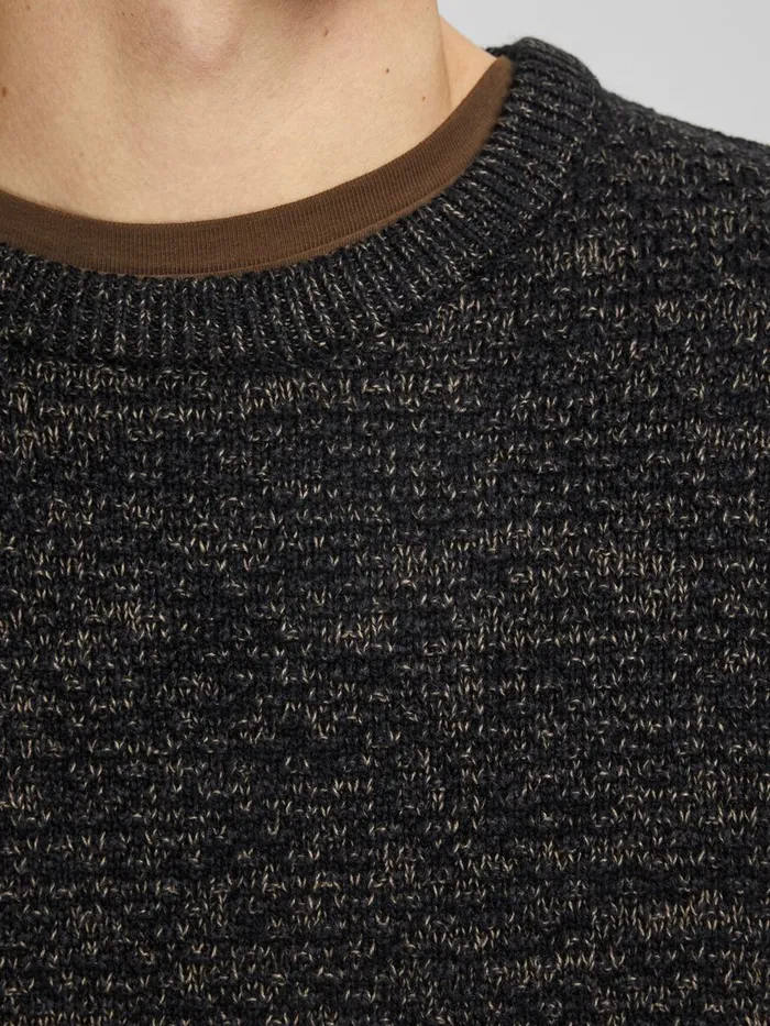 Knitwear JACK and JONES Mens CREW NECK TEXTURED KNITTED PULLOVER Black Kangaroo Casaul