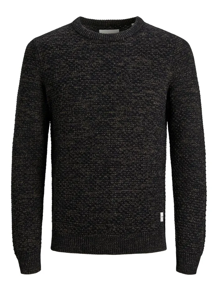 Knitwear JACK and JONES Mens CREW NECK TEXTURED KNITTED PULLOVER Black Kangaroo Casaul