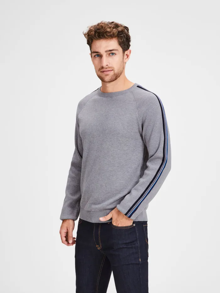 Knitwear JACK and JONES Mens SIDE STRIPE KNITTED PULLOVER Grey Alloy Gift for Friend