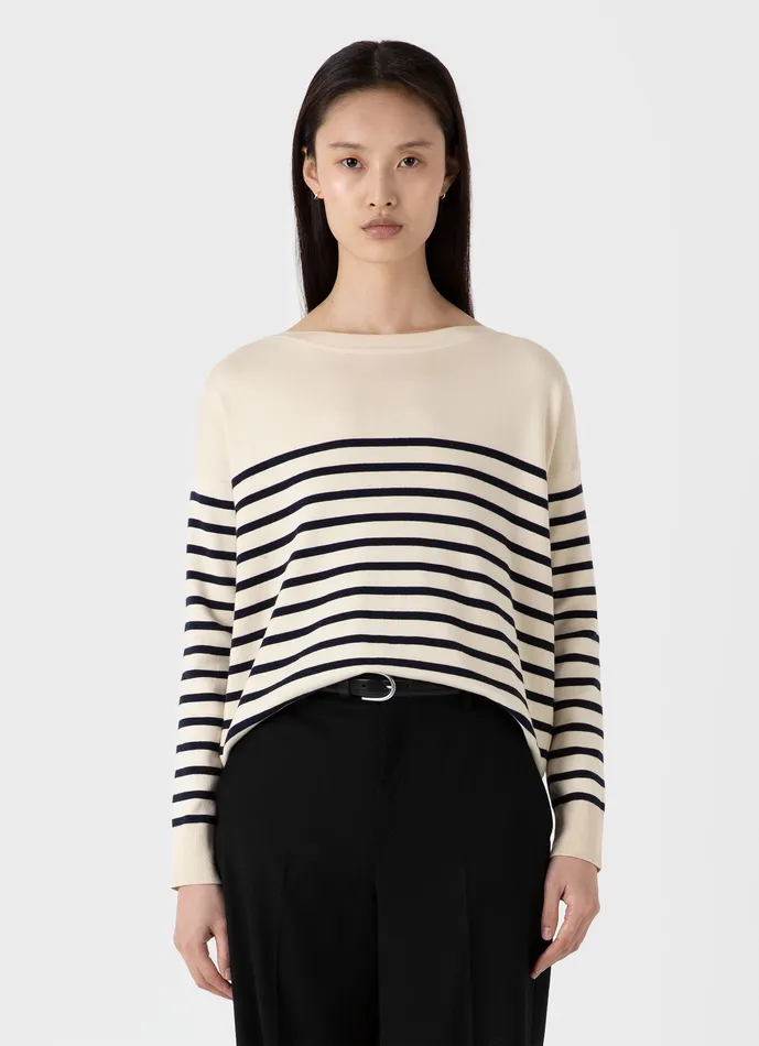 Knitwear ussunspel Women Breton Stripe Jumper EcruNavy Breton Stripe