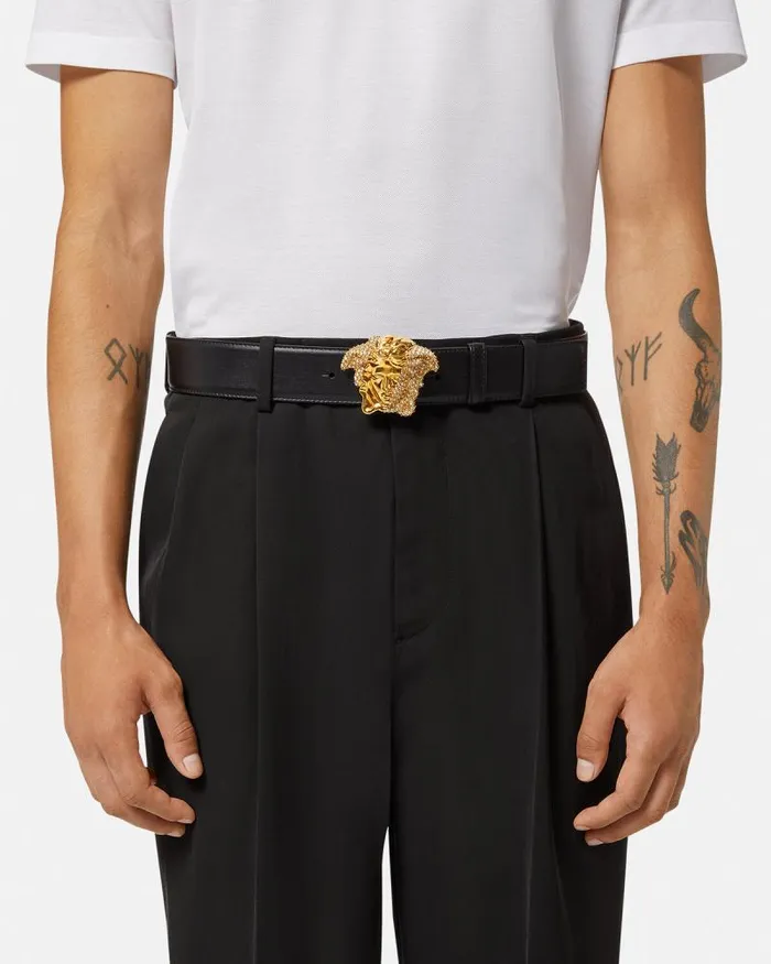 La Medusa Crystal Leather Belt 4 Cm Black Men Versace Belts