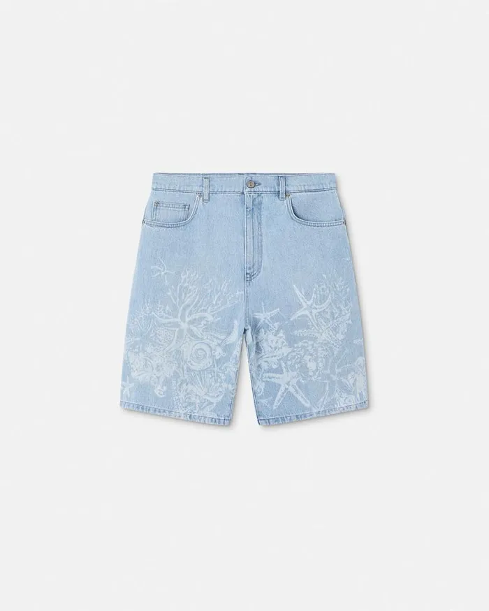 Lasered Barocco Sea Denim Shorts Blue Men Versace Pants and Shorts