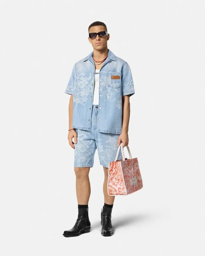 Lasered Barocco Sea Denim Shorts Blue Men Versace Pants and Shorts