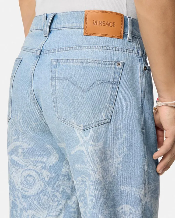 Lasered Barocco Sea Denim Shorts Blue Men Versace Pants and Shorts