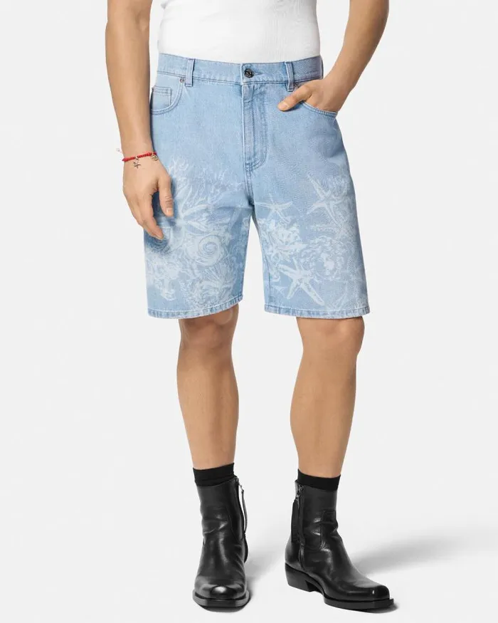 Lasered Barocco Sea Denim Shorts Blue Men Versace Pants and Shorts