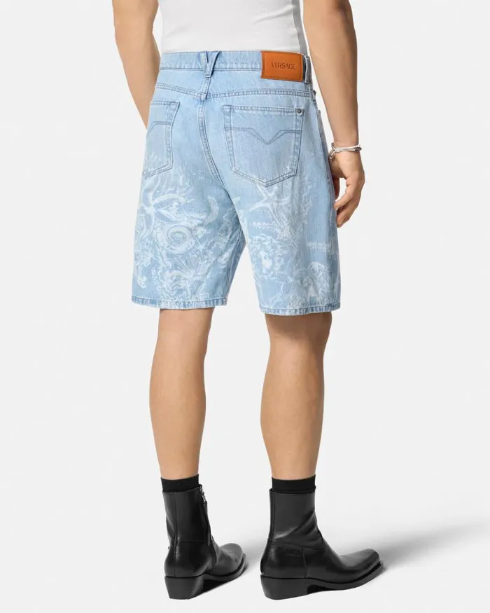 Lasered Barocco Sea Denim Shorts Blue Men Versace Pants and Shorts