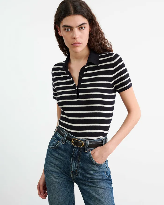 LEANNA CASHMERE POLO Dark Navyivory Stripe Women Nili Lotan Knits and Sweaters