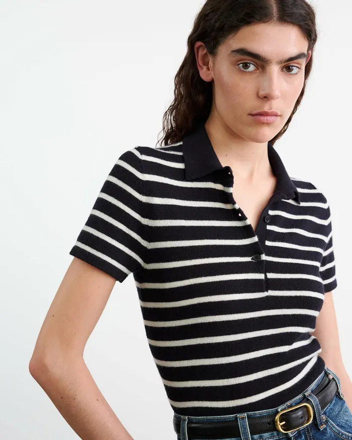 LEANNA CASHMERE POLO Dark Navyivory Stripe Women Nili Lotan Knits and Sweaters