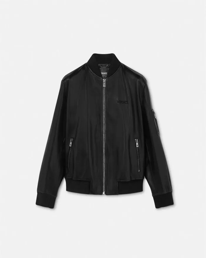 Leather Bomber Jacket Black Men Versace Jackets and Coats