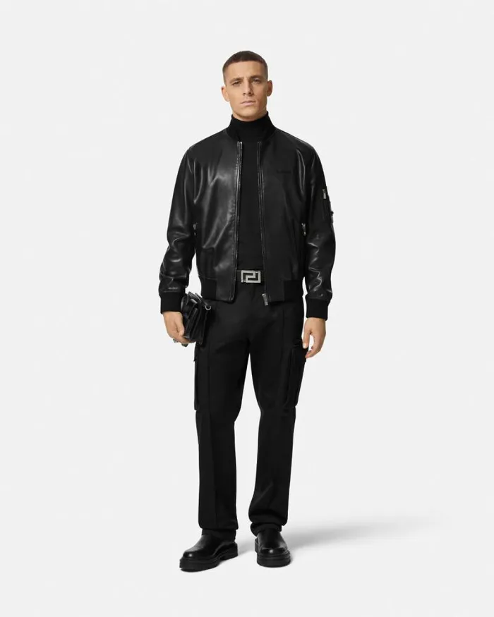 Leather Bomber Jacket Black Men Versace Jackets and Coats