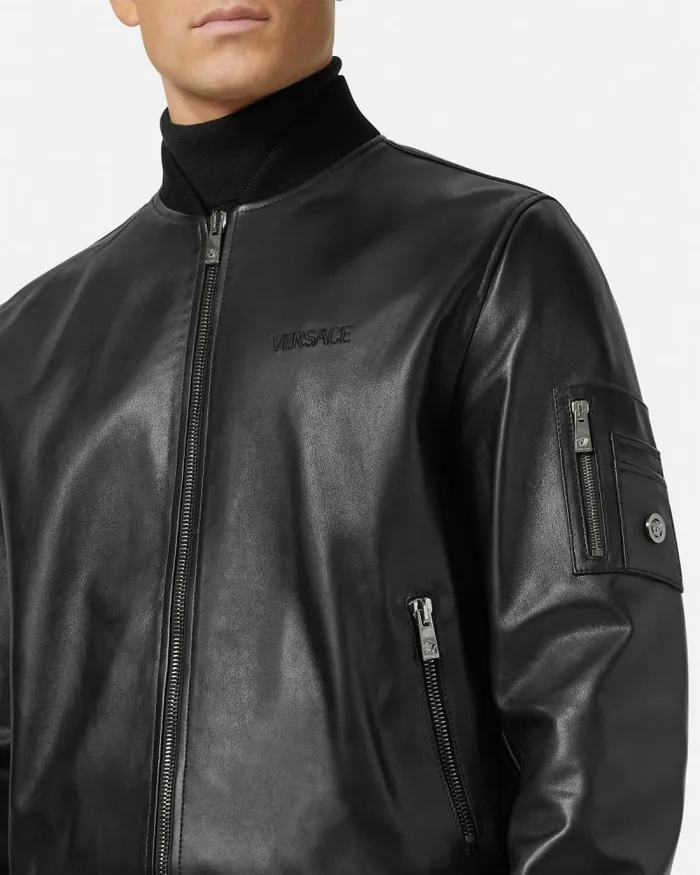 Leather Bomber Jacket Black Men Versace Jackets and Coats
