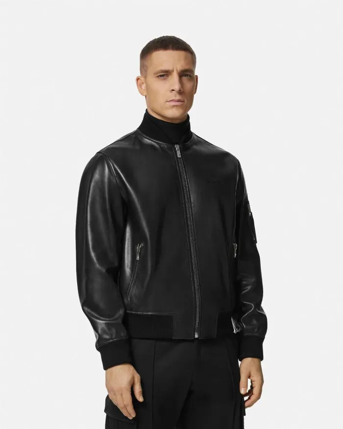 Leather Bomber Jacket Black Men Versace Jackets and Coats