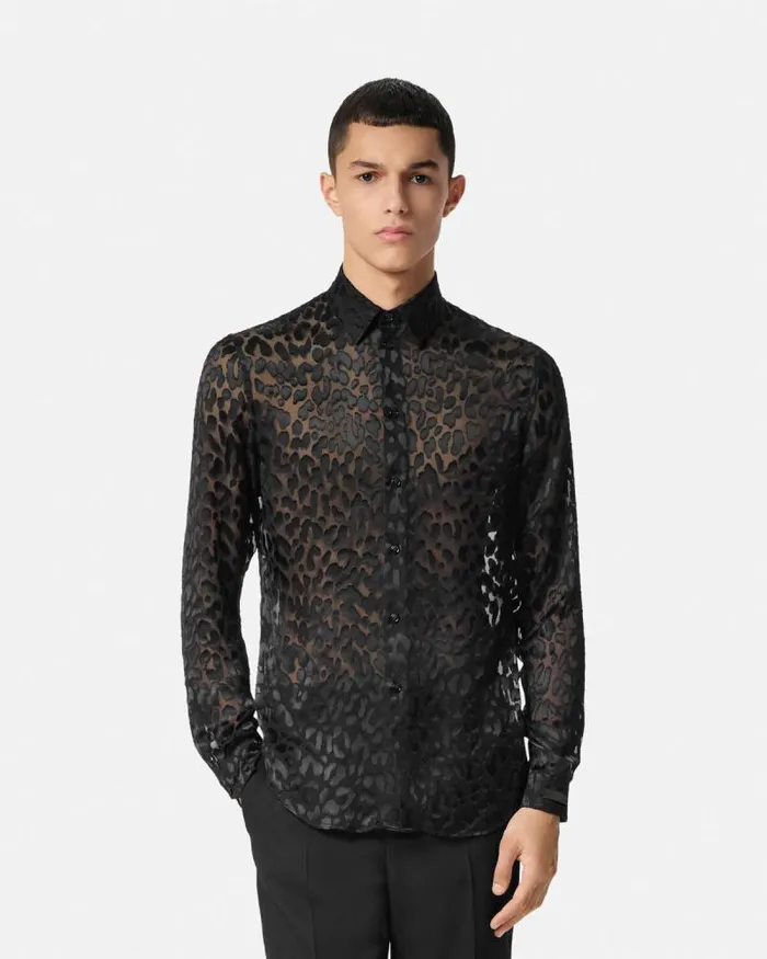 Leopard Devor SilkBlend Shirt Black Men Versace Shirts