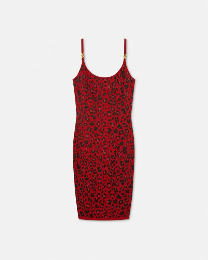 Leopard Lurex Fitted Knit Midi Dress Red Women Versace Dresses