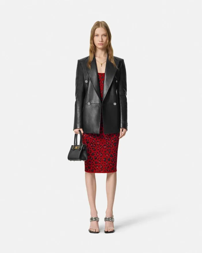 Leopard Lurex Fitted Knit Midi Dress Red Women Versace Dresses