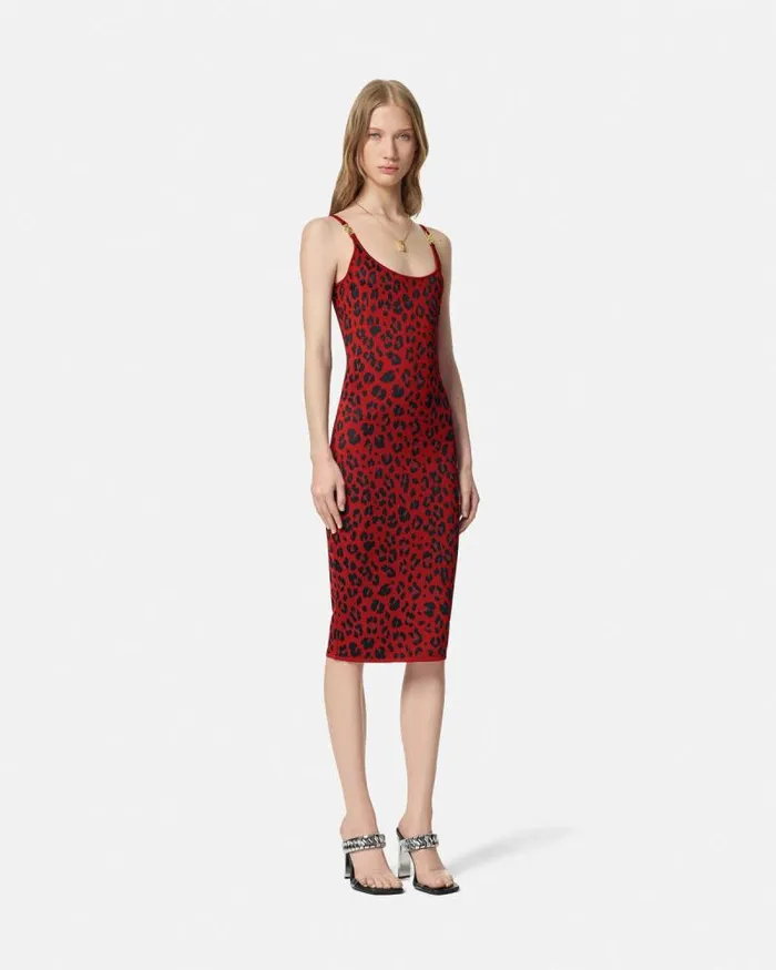Leopard Lurex Fitted Knit Midi Dress Red Women Versace Dresses