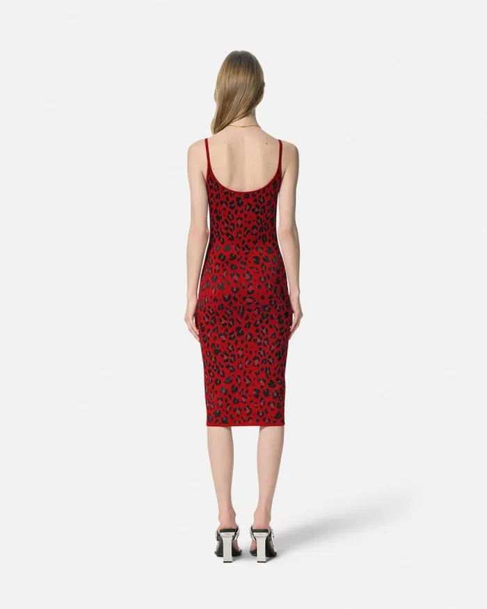 Leopard Lurex Fitted Knit Midi Dress Red Women Versace Dresses