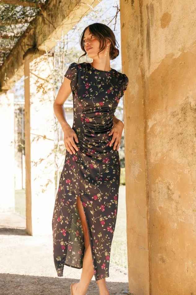 Lisbeth Midi Dress Midnight Floral Women Satin Dresses Petal and Pup