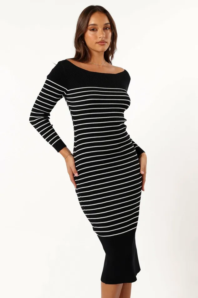 Long Sleeve Dresses Baxtor Off The Shoulder Midi Dress WhiteBlack 8211 Petal and Pup Women