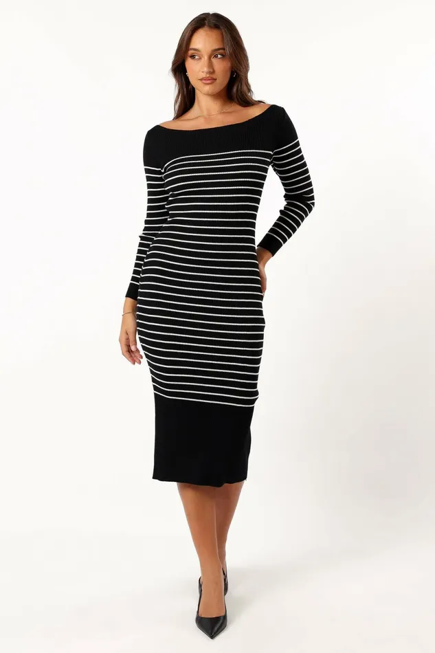 Long Sleeve Dresses Baxtor Off The Shoulder Midi Dress WhiteBlack 8211 Petal and Pup Women