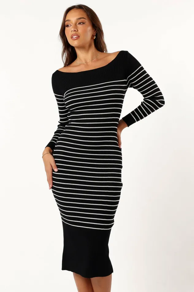 Long Sleeve Dresses Baxtor Off The Shoulder Midi Dress WhiteBlack 8211 Petal and Pup Women