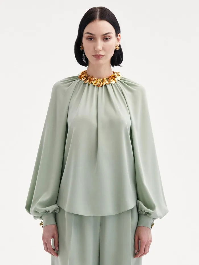 Long Sleeve Georgette Blouse Eucalyptus Women Oscar De La Renta Blouses and Knits
