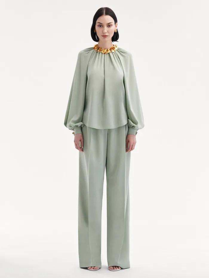 Long Sleeve Georgette Blouse Eucalyptus Women Oscar De La Renta Blouses and Knits