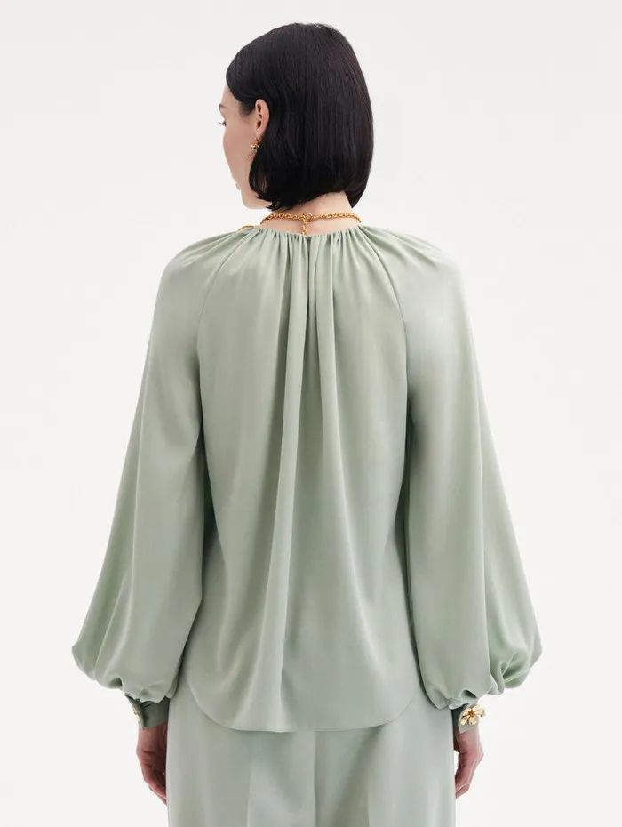Long Sleeve Georgette Blouse Eucalyptus Women Oscar De La Renta Blouses and Knits