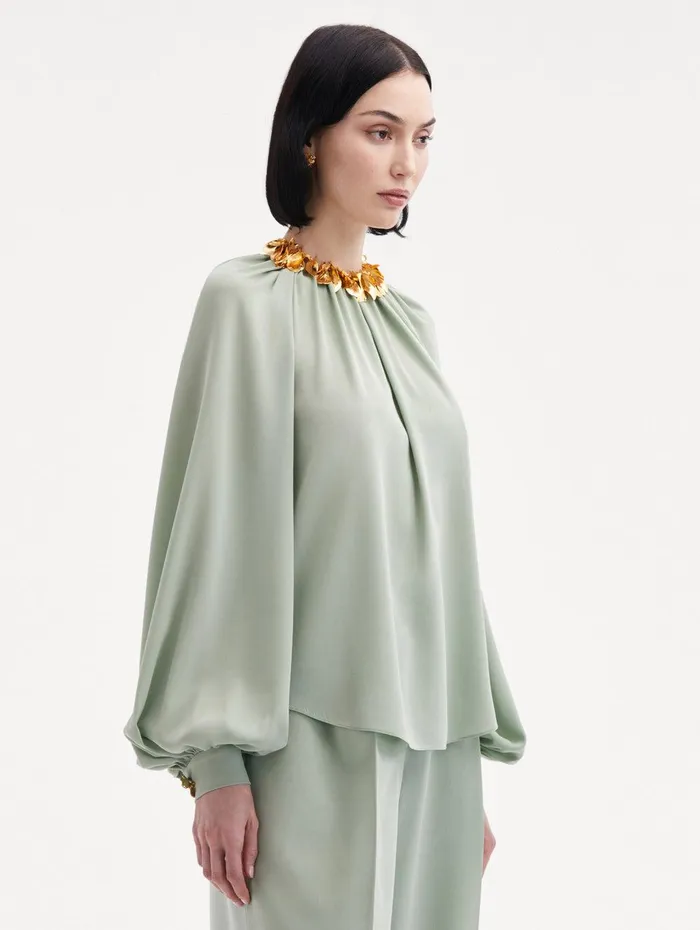 Long Sleeve Georgette Blouse Eucalyptus Women Oscar De La Renta Blouses and Knits