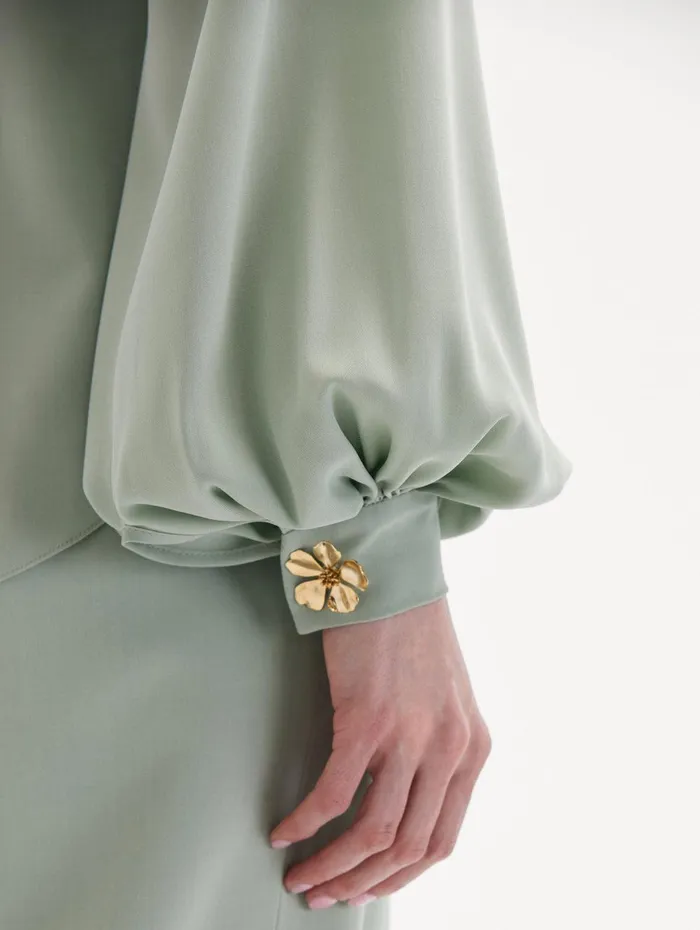 Long Sleeve Georgette Blouse Eucalyptus Women Oscar De La Renta Blouses and Knits